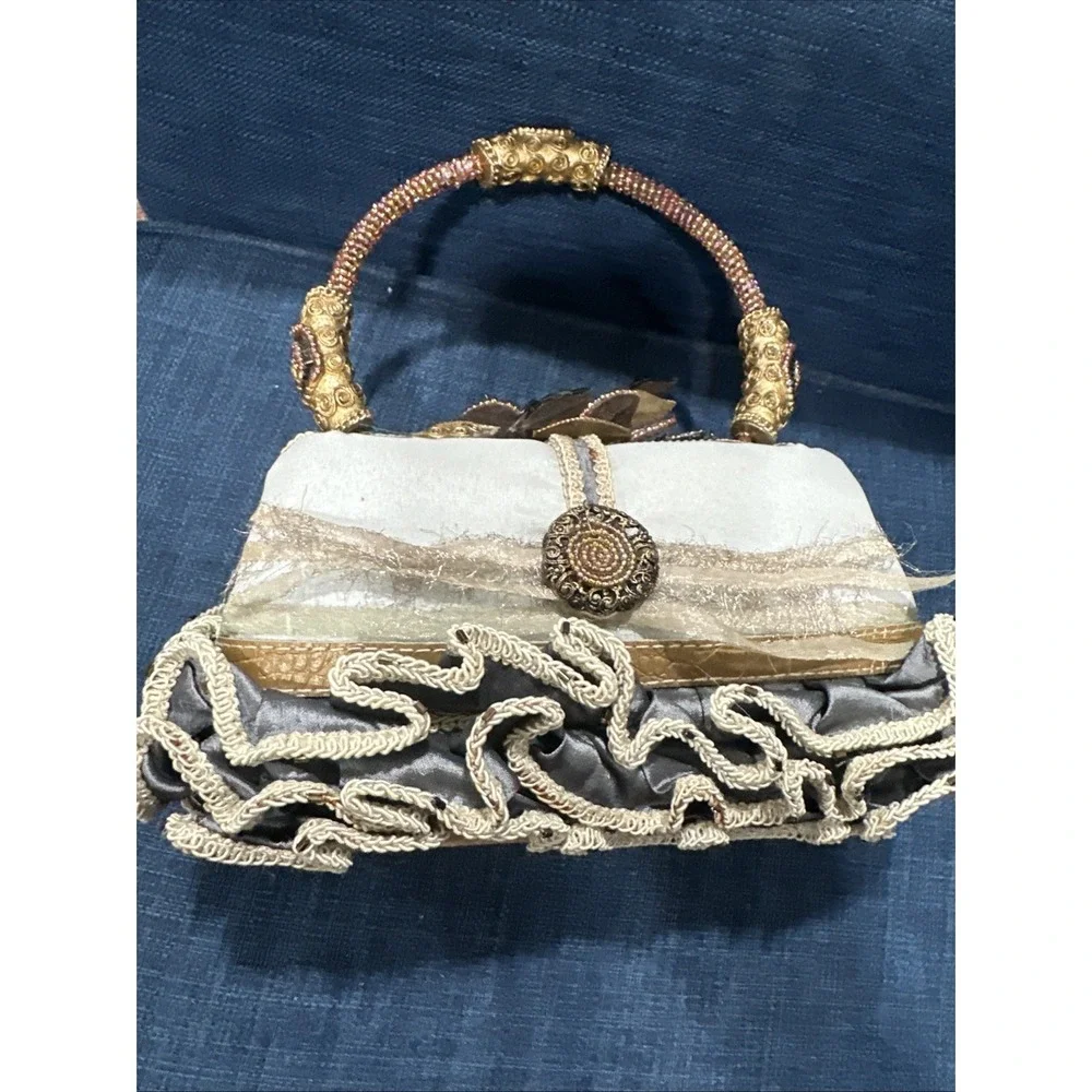 Mary Frances Beaded Handbag Purse, Jewels, Feathers, Floral Brown Hard Case